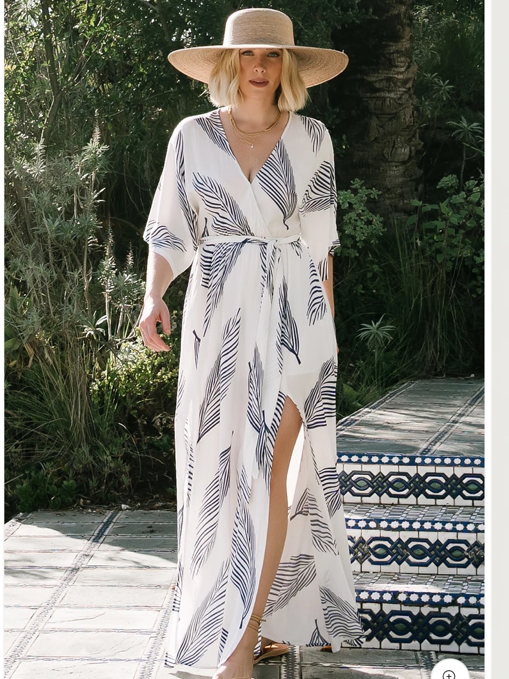 Baltic Born 3X Plus Size White Maxi Wrap Dress with Navy Leaf Print